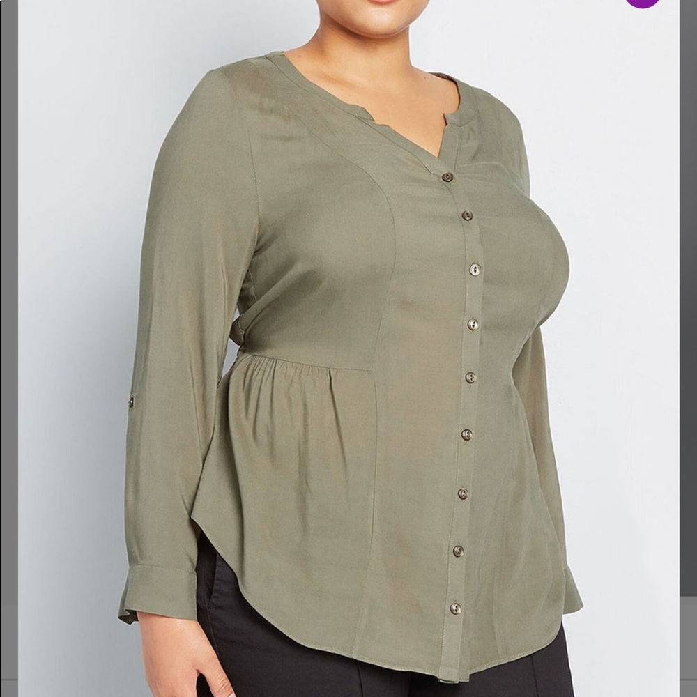 MODCLOTH Olive Trusty Travel button up tie waist long sleeve shirt NWOT Sz L